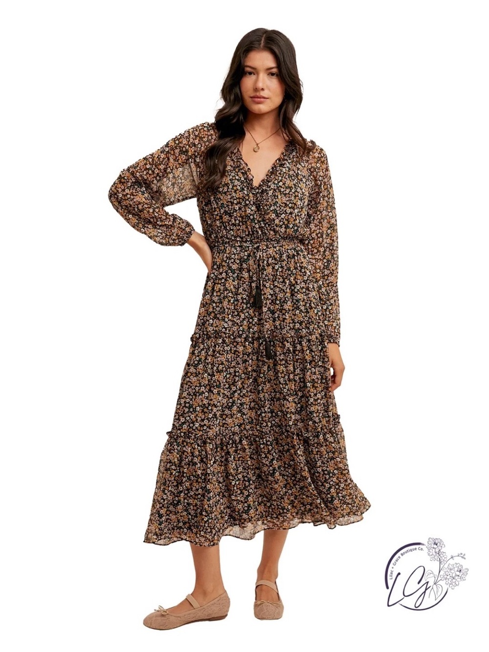 Hem & Thread Nature's Rhythm Floral Dress Small Multi Color Black NWT